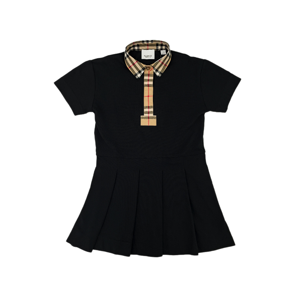 버버리 키즈 빈티지 체크 트리밍 코튼 피케 폴로셔츠 드레스 6Y 블랙